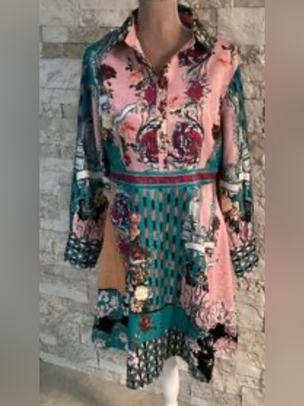 Dalia Macphee Multi colour Floral Teal Long-Sleeve Dress